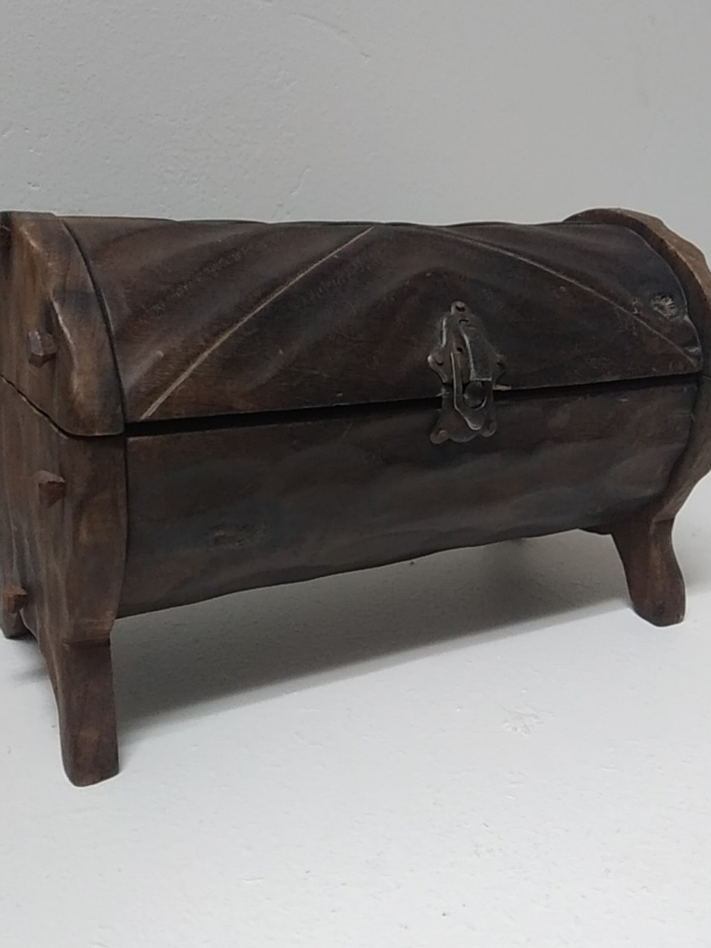 Unique Vintage Carved Wooden Treasure Chest Box in Dark Brown Medieval Brutalist
